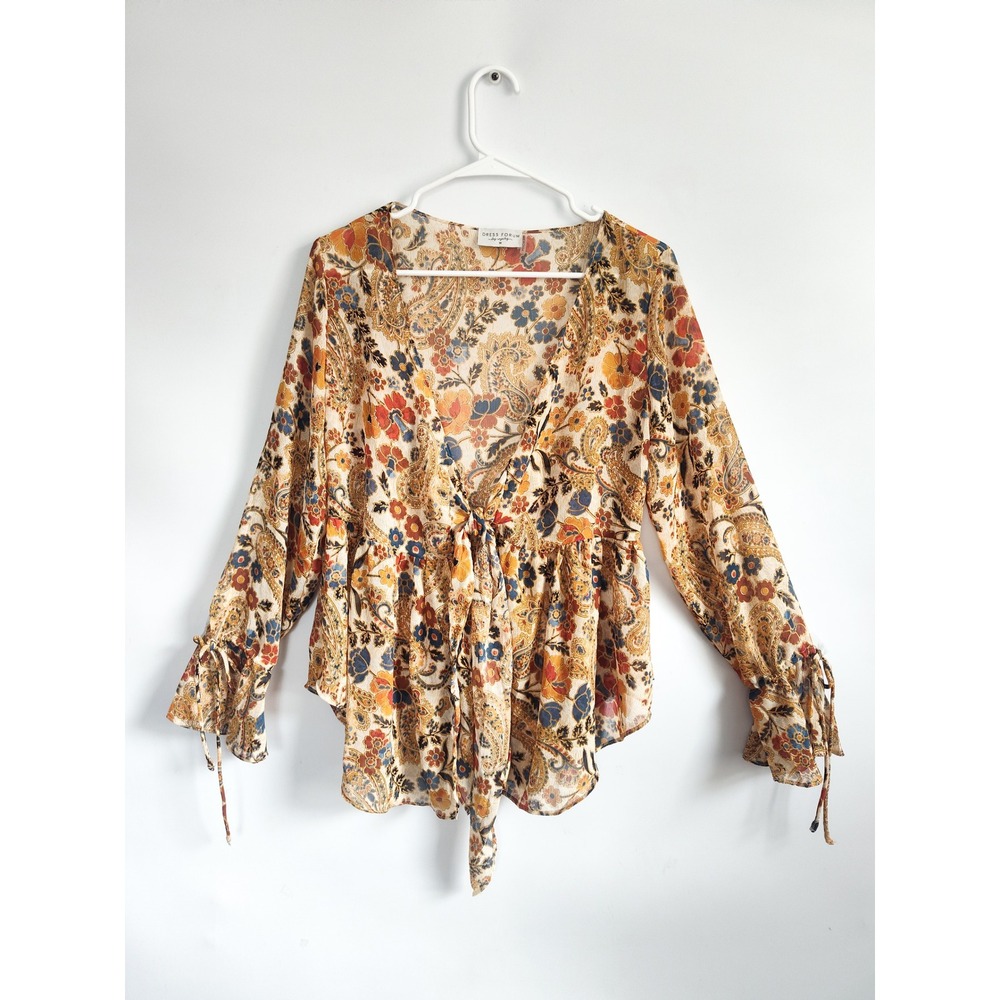 Blouse Top Medium Y2k Brown Tan Peplum Sheer‎ Boho Floral Tie Front Whimisigoth